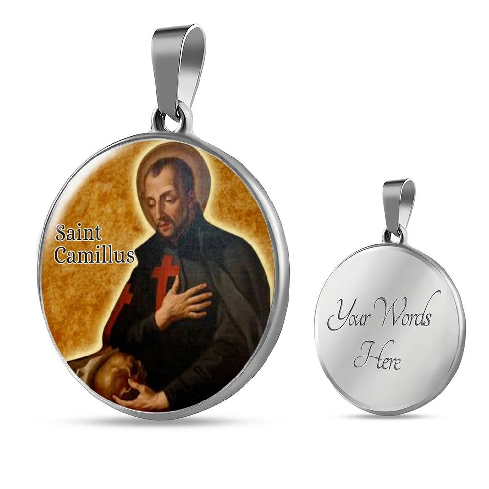 St. Camillus Catholic Saint Circle Pendant Necklace Stainless Steel 24 Inch Cha